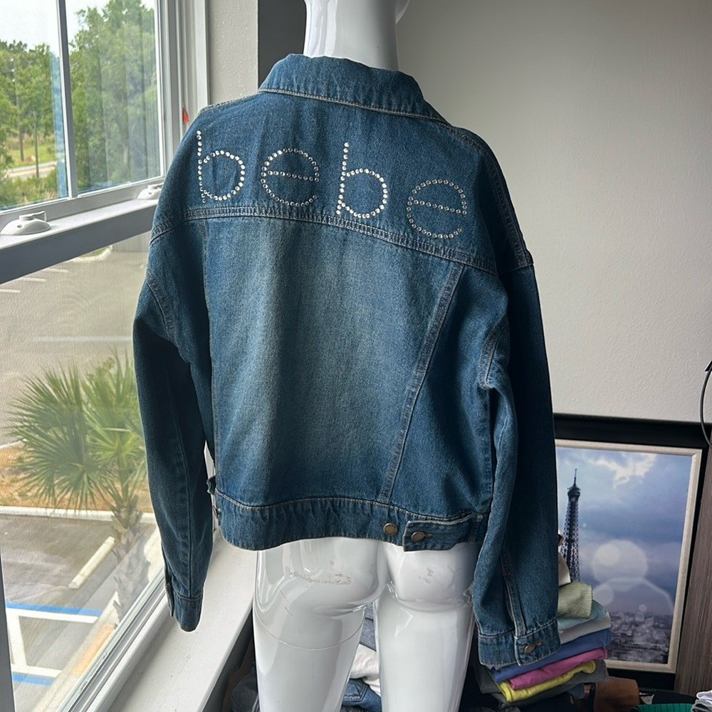 bebe Blue Denim Jean Jacket with Rhinestone Logo